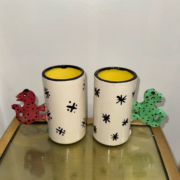 VINTAGE Mugs Black&White Stripe With Dog Handle Signed R Terrell - Picture 1 of 12